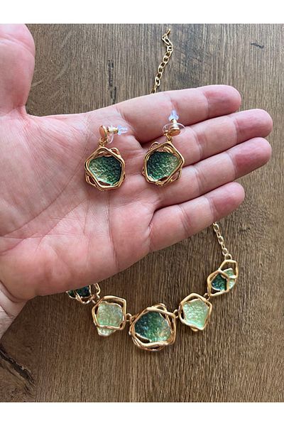 Büyük Hanım Geometric Model Vintage Elegant Metal Necklace Earring Set