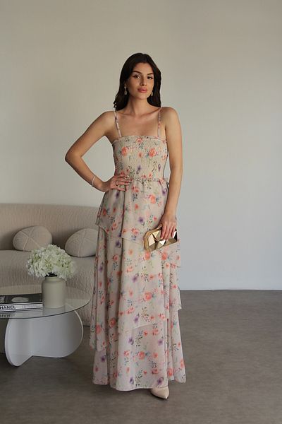 Julidress Floral Patterned Slim Fit Gipe Detailed Maxi Long Length Premium Chiffon Dress