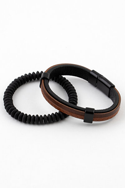 Sortie Aksesuar Genuine Leather And Natural Stone Men's Combination Bracelet Set