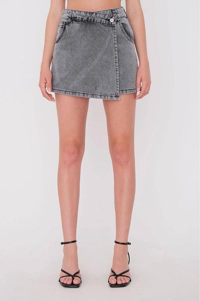 TugsatTasarTekstil Women's High Waist Smoked Summer Denim Shorts Skirt Denim Lycra Free Double Breasted Closure Jeans Shorts Skirt