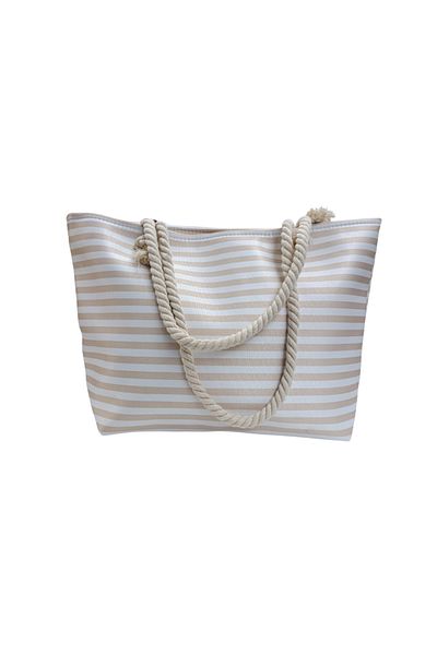 fancykidsantalya Women's Beach Bag Zipper Drawstring Lined Inside Pocket Horizontal Stripes Soft Handle