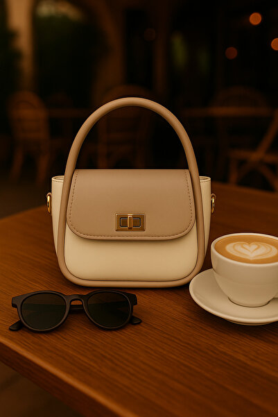NOTHING Women's Gold Lock Detailed Adjustable Strap Cream Mink Hand Shoulder ...