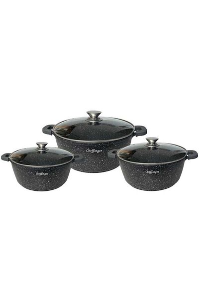 cheffinger Set Of 3 Marbled Pots 20-24-28cm Heat-resistant Glass Lids