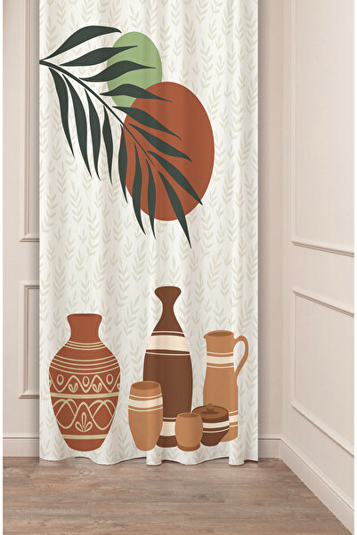 GREENDECOR Ethnic Anatolian Motif Flower Pastel Bohemian Special Design Digital Printed (Single Wing) Beige Cream Background Curtain