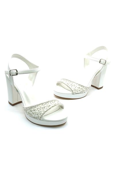 KOCAMANLAR Feles Stone Platform Single Strap Heeled Women's Evening Dress Shoes White
