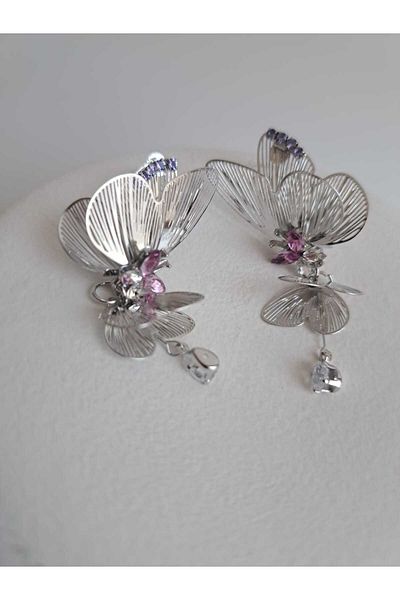 BHR AKSESUAR Silver Zircon Stone Butterfly Earrings