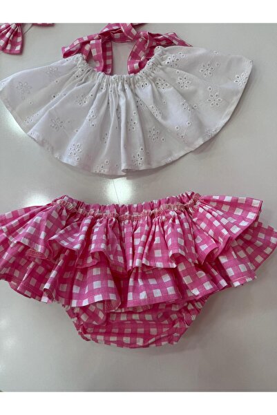 Linarookids Pembe Kareli Crop Takım Kız Bebek Elbise,Doğum günü elbise,fotoğraf çekim elbise,0-7 Yaş Uygun