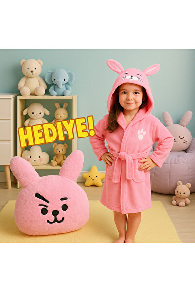VELROBE %100 pamuklu Tavsan kulaklı çocuk bornozu peluş yastik hediyeli