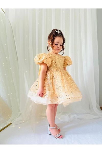 Linarookids Gold Yellow Stone Vintage Baby Girl Dress, Birthday Dress, Photo Shoot Dress, Suitable for 1-11 Years Old