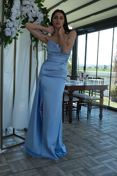 Feminist Strapless Drape Detailed Slit Satin Fabric Evening Dress Baby Blue 1607209