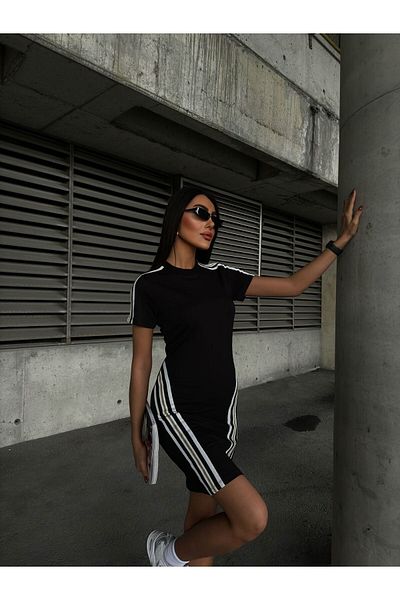 Dovil Women's Glitter Stripe Detailed Short Sleeve Black Dress