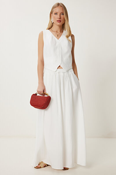 Lovelyİstanbul Σετ φούστα με πλεκτό γιλέκο Crinkle ECRU LRV0102