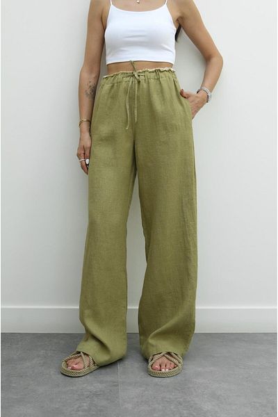 Havoş Çağla Green Waist Detailed Linen Trousers