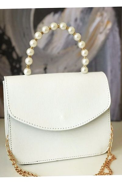 ateş3434 Women's Pearl and Gold Chain Hand & Shoulder Bag