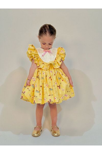 Linarookids Laurel Yellow Vintage Baby Girl Dress, Birthday Dress, Photo Shoot Dress, Suitable for 0-7 Years Old