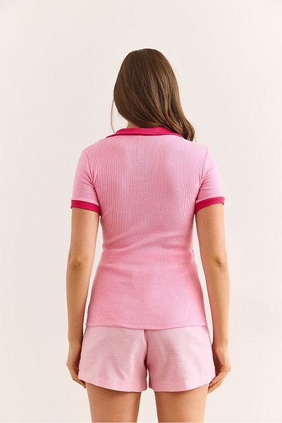 Olalook Women's Pink Fuchsia Polo Neck Color Detailed Stretchy Cotton Blouse Blz-19002920