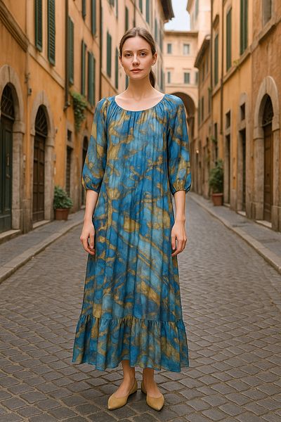 Cb Made In Italy Arte Di Seta – Italian Silk Marble Print Luxury Maxi Dress