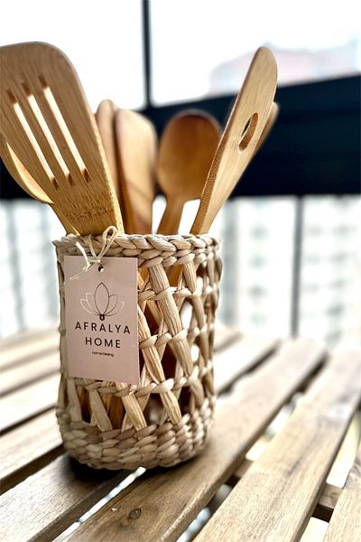 AFRALYAHOME Countertop Wicker Spoon Holder Flower Pot Organizer Wicker Spoon Holder Bamboo Spoon Holder Wooden Spoon Holder