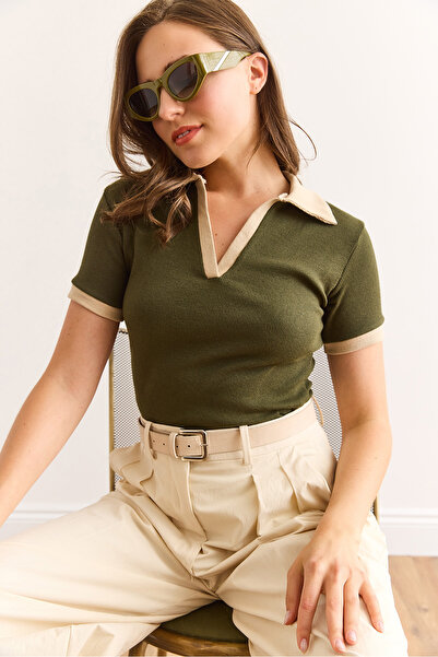 Olalook Women's Khaki Beige Polo Neck Color Detailed Stretchy Cotton Blouse Blz-19002920