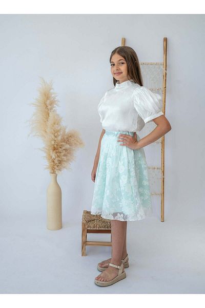 Stayele Elegant Mint Floral Skirt and White Blouse Set for Girls
