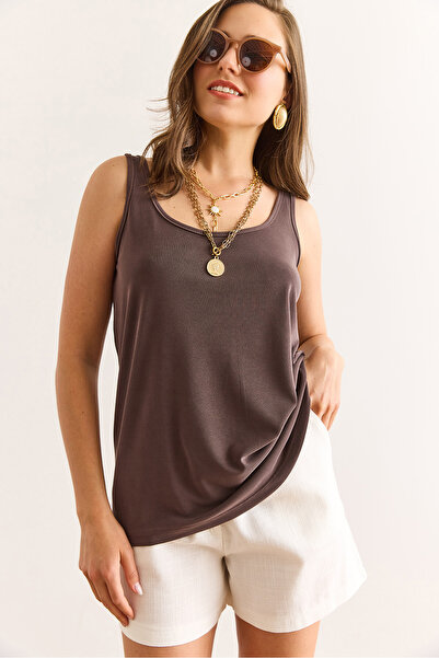 Olalook Kadın Kahverengi Askılı Dökümlü Modal Bluz BLZ-19003011