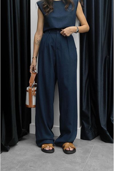 Havoş Navy Blue Single Button Linen Trousers