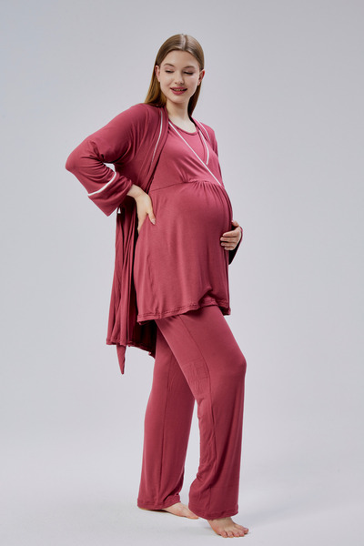 Hamile Tekstil Pomegranate Piping Maternity Pajama Set with Morning Dress