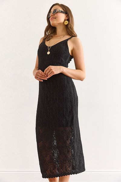 Olalook Women's Black Lined Strappy Openwork Summer Knitwear Dress Elb-19002434