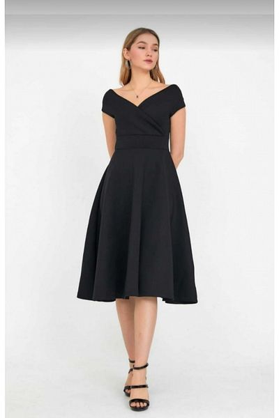 Masspera Double Breasted Collar Drop Sleeve Skirt Flounced Design Flared Midi Length Evening Dress