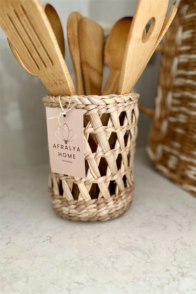 afralya home Countertop Wicker Spoon Holder Flower Pot Organizer Wicker Spoon Holder Bamboo Spoon Holder Wooden Spoon Holder