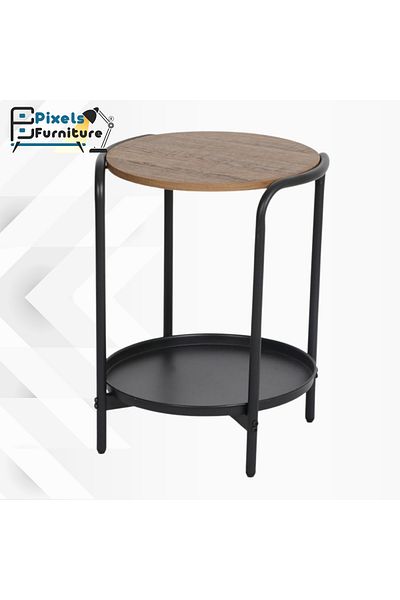 PixelsFurniture Pixel Furniture 2-Tier Round Side Coffee Table with Wood Top, Metal Bottom Shelf and Metal Ends