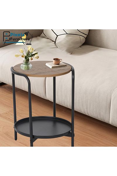PixelsFurniture Set of 2 round side tables, two-tiered pixel furniture coffee table with a wooden top, a metal lower shelf and metal ends