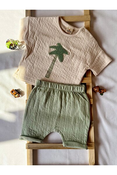 HEPSİ BEBEK 100% Organic Cotton Palm Embroidered Summer Baby Set of 2 – Embroidered Top & Shorts
