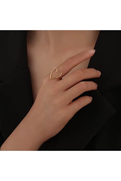 Siya Silver Kararmaz Çelik Büyük Kalp Tasarım Gold Renk Ayarlanabilir Kadın Yüzük