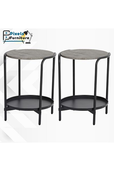PixelsFurniture Set of 2 Round Side Tables 2 Tiers by Pixel Furniture for Coffee with Wood Top, Bottom Shelf and Metal Ends