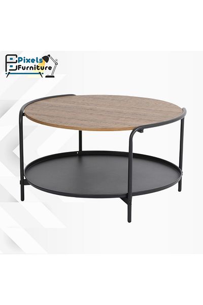 PixelsFurniture Pixel Furniture 2-Tier Round Coffee Table with Wood Top, Lower Shelf and Metal Ends, 82cm