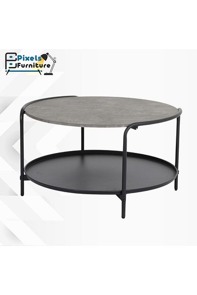PixelsFurniture طاولة دائري رئيسية طبقتين من بكسل الأثاث للقهوة بسطح من الخشب وبرف سفلي وبأطراف من المعدن, 82سم