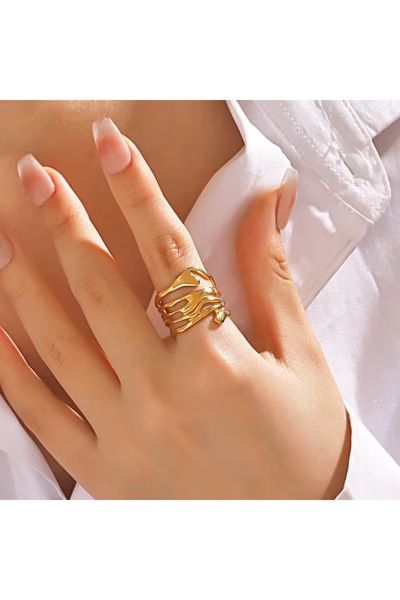 Siya Silver Düzensiz Dalgalı Model Gold Renk Ayarlanabilir Kadın Yüzük