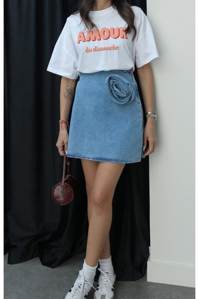 NK Rose Detail Brooch Jeans Denim Skirt