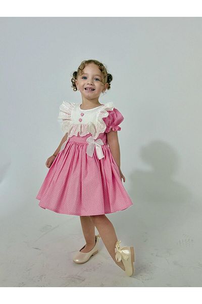 Linarookids Laurel Pink Buttoned Vintage Baby Girl Dress, Birthday Dress, Photo Shoot Dress, Suitable for 0-7 Years Old