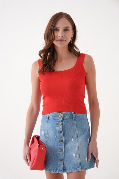 QUELISSE Women's Red Thick Strap Square Neck Knitwear Blouse Q001Kk