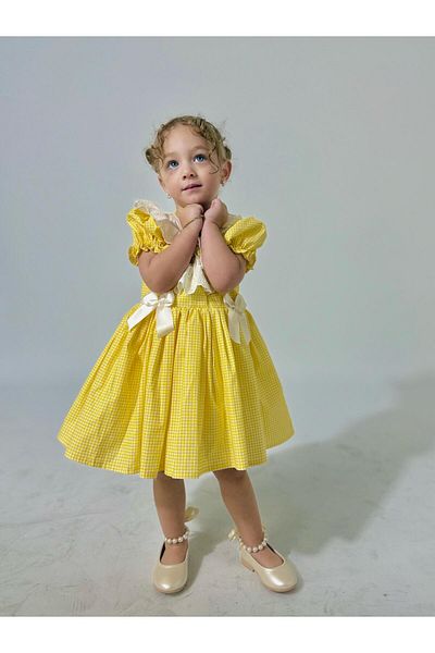 Linarookids Laurel Yellow Buttoned Vintage Baby Girl Dress, Birthday Dress, Photo Shoot Dress, Suitable for 0-7 Years Old