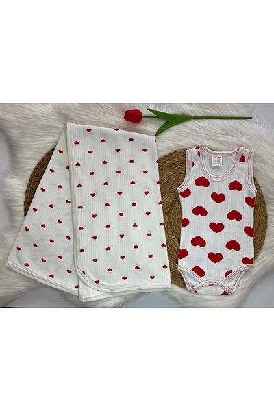 BİGÜMEX Ribbed Heart Body & Zibin and Blanket Set 2 Pcs