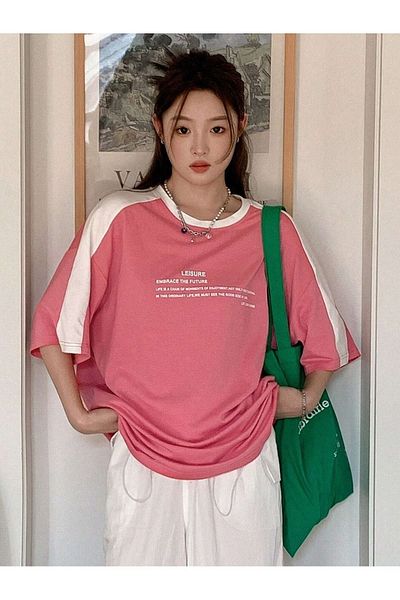 CLAYES Leisure Future Segmented Single Jersey T-Shirt - Pink White Oversize Crew Neck κοντομάνικο T-shirt