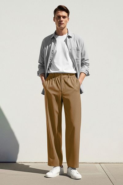 Trendyol Collection Μπεζ φαρδύ παντελόνι από φαρδύ ύφασμα TMNSS23PL00039