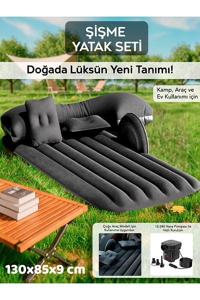 Meleni Home In-Car Inflatable Mattress Set - Camping Bed with Pillow Car Seat Bed Air Pump 130X85 cm Black