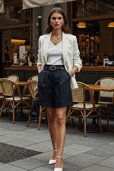 Trendyol Collection Σορτς πόλης με ριγέ μπλέ ριγέ μέχρι το γόνατο - TWOSS25SR00024