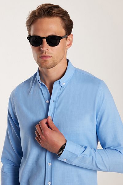 Tudors Cămașă albastră pentru bărbați, slim fit, cu mânecă lungă, 100% bumbac, in, textura, guler cu nasturi