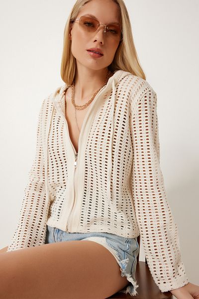 Happiness İstanbul Women's Cream Hooded Zippered Mesh Cardigan An00248