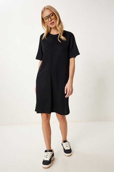 Happiness İstanbul Women's Black Cotton Stretchy Knitted Dress Zv00317